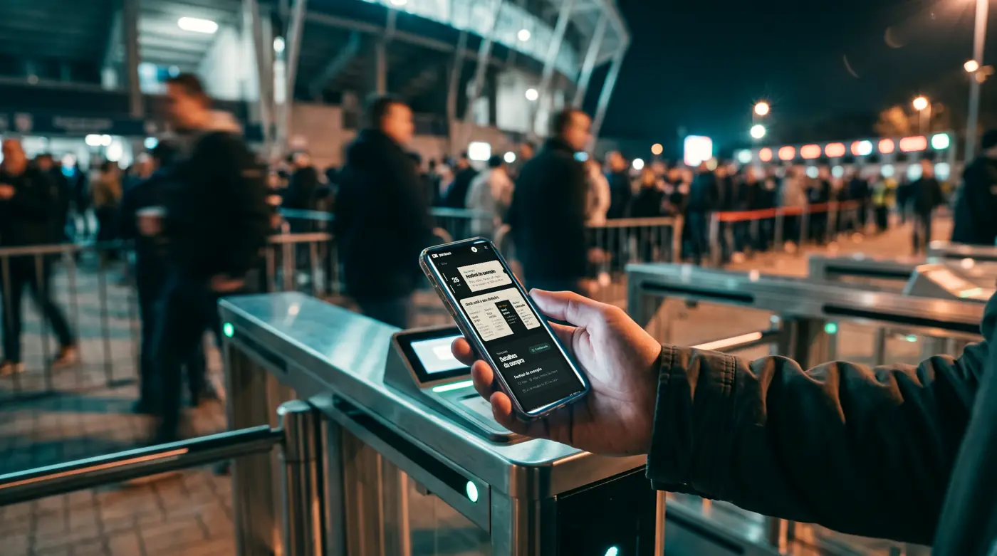 Na catraca do estádio, a mão segura o celular com a tela de compra do Passback mostrando a etapa 'Você entra' (imagem ilustrativa com a tela real do site)