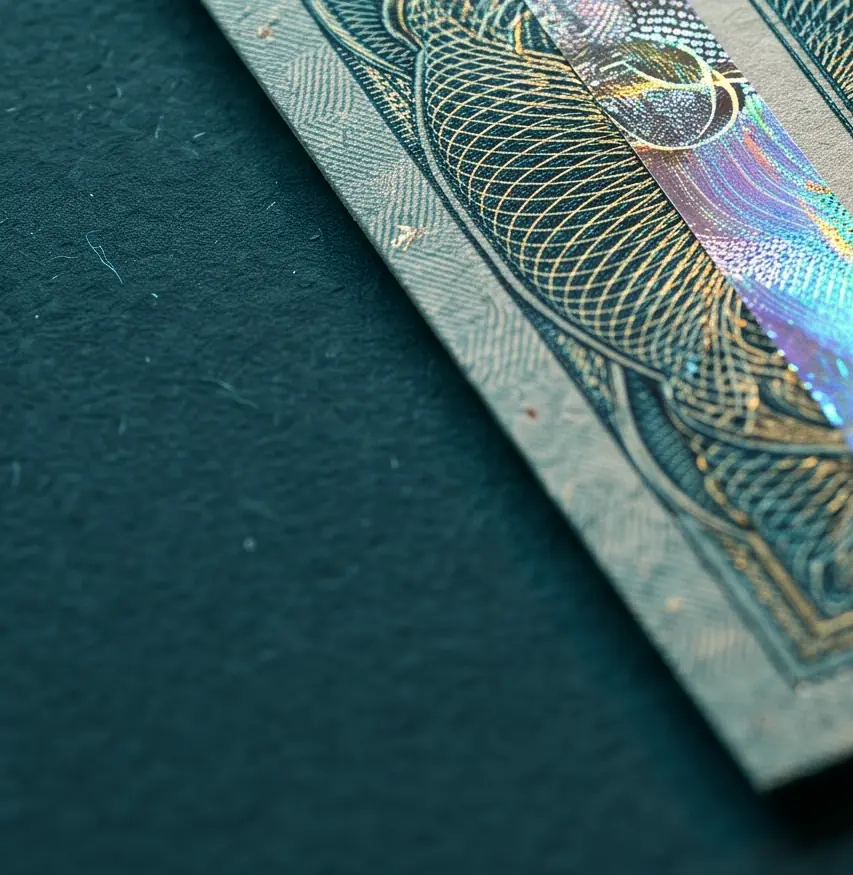 Detalhe de um ingresso com faixa holográfica e guilhoché (imagem ilustrativa)